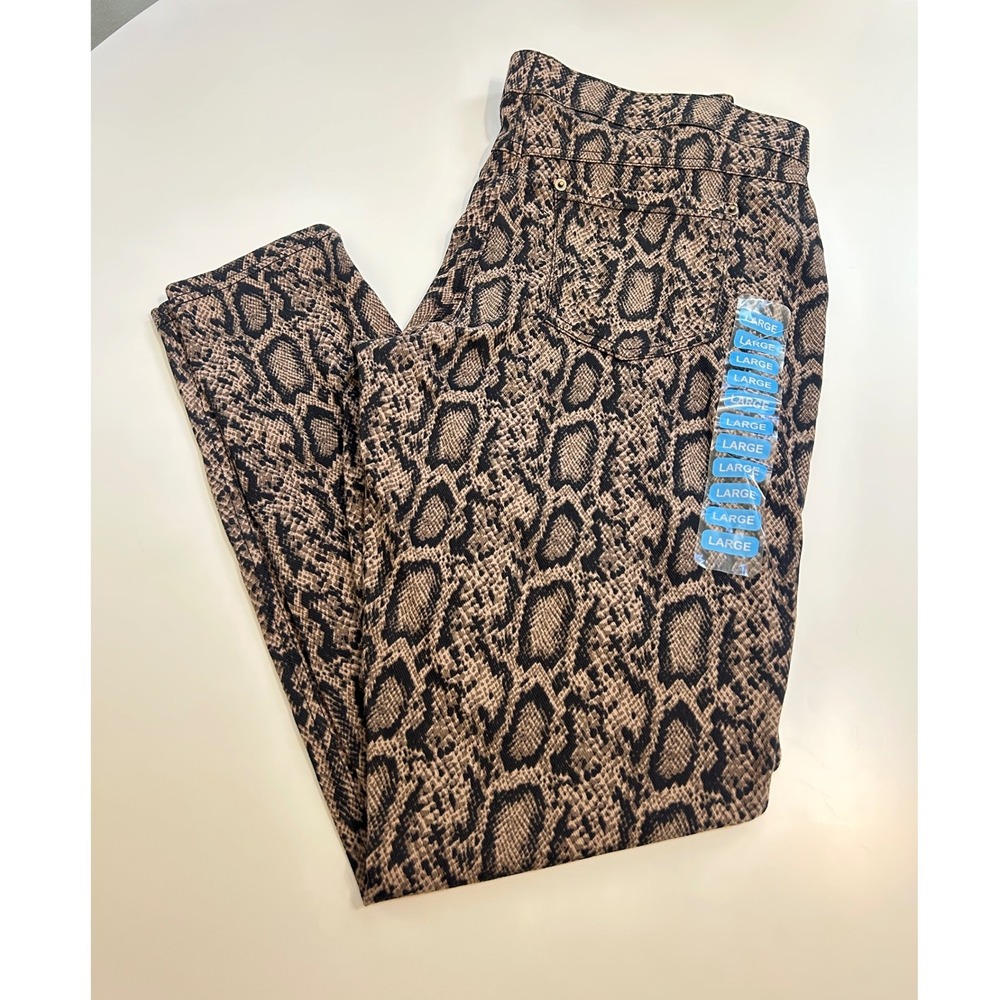 High Rise Snakeskin Print Skinny Pants Tan Black Large Stretch Animal Print